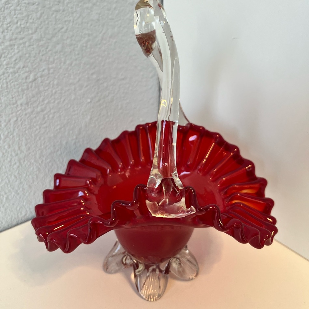 Fenton Scarlet Glass Art Basket Ruby Red Ruffled Crimped Edge & Clear Handle - Picture 3 of 6